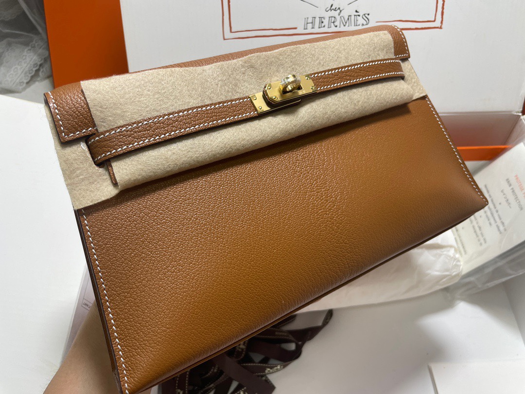 Hermes Kelly Elan Shoulder Bag in Brown Chevre Leather 